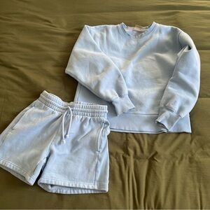 Aritzia shorts and crew neck baby blue sweatsuit